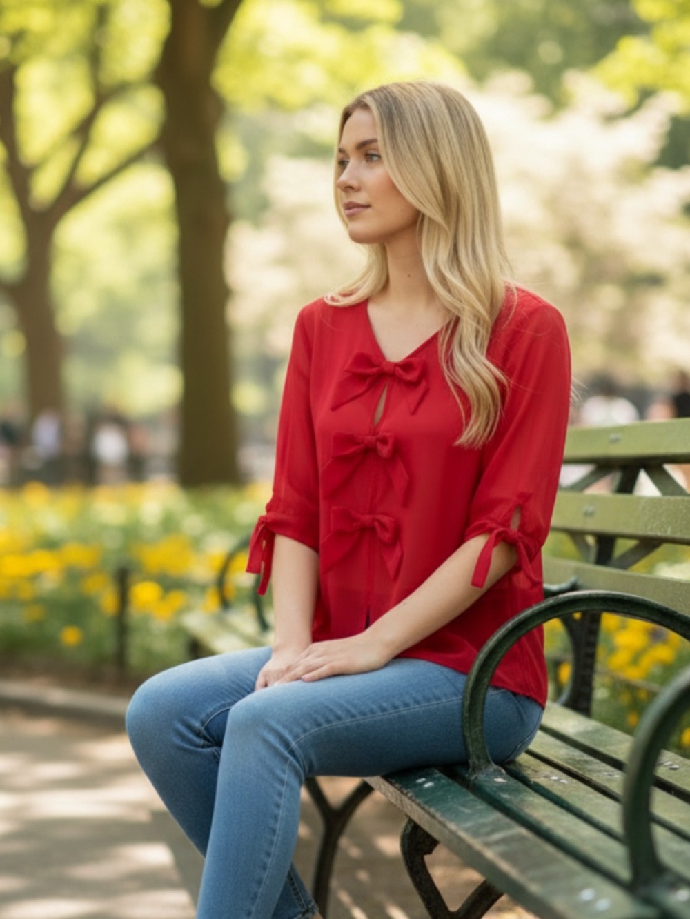 📍🎁🍒⛽️Sweet Pea by Stacy Frati Red Bow-Accent V-Neck Blouse